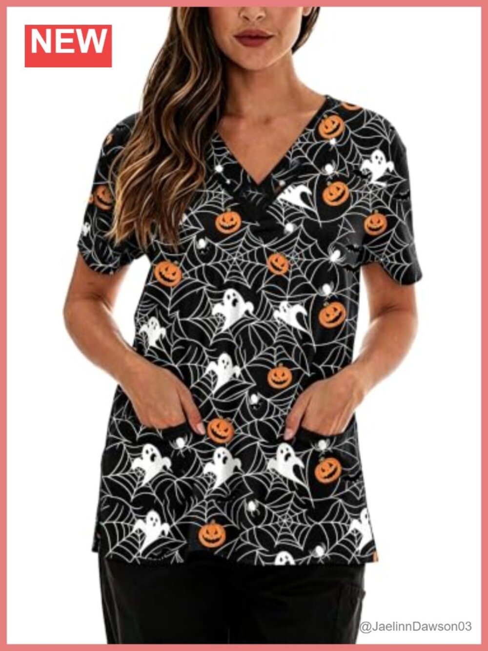 Roshop Halloween V-Neck Scrub Top Short Sleeve Medical Uniform
